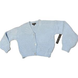 Fuzzy V-Neck Light/Baby Blue Cardigan w/ Flower Buttons &Semi Bubble Sleeves